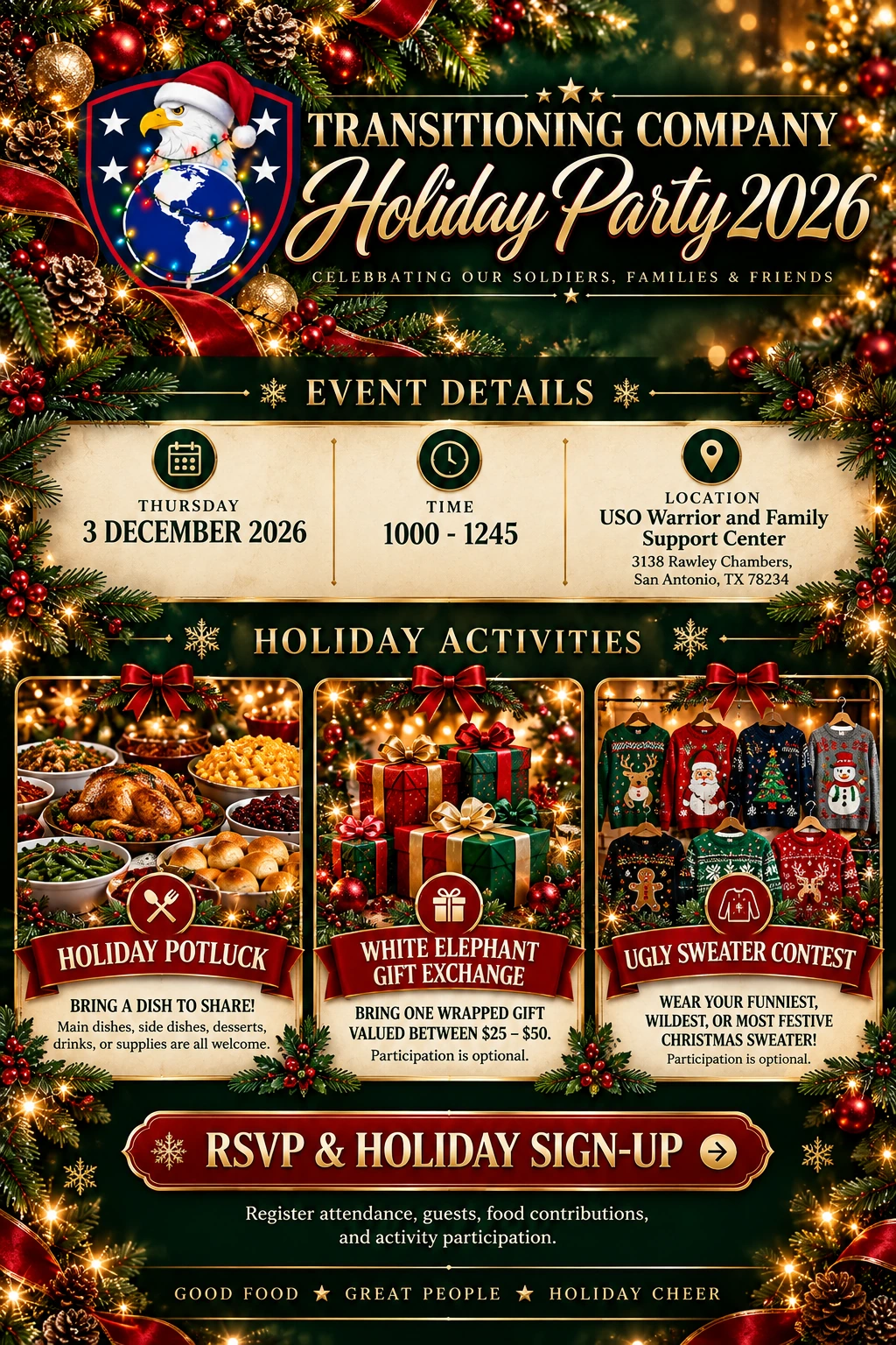 A Christmas eagle wearing a Santa hat above a globe, surrounded by red and gold ornaments, evergreens and golden lights. Transitioning Company Holiday Party 2026. Celebrating our Soldiers, families and friends.